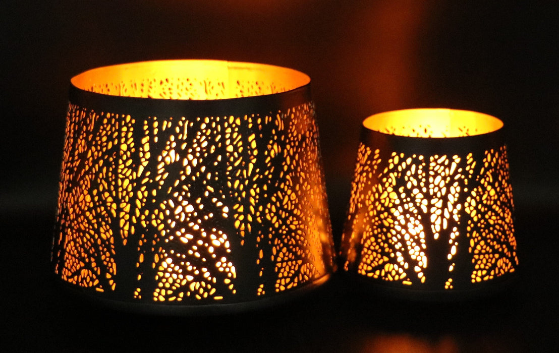 Signature HomeStyles Cylinders With 3" Gold Lights (2) Trees & Branches Metal Tapered Cylinder 2pc Set
