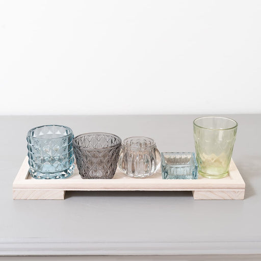 Signature HomeStyles Decorative Accents Colored Glass Votives on Wood Tray