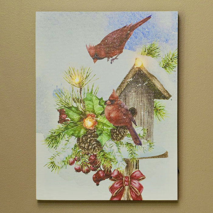 Winter Cardinal Birdhouse LED Canvas Print