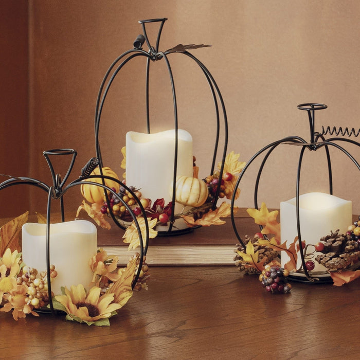 Signature HomeStyles Candle Holders Floral Harvest Metal Pumpkins w/LED Candles