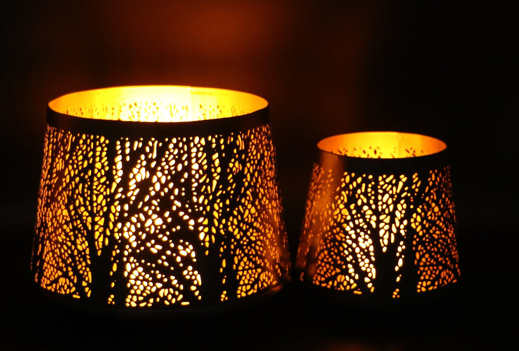 Signature HomeStyles Cylinders With one 3" & one 5" Gold Light Trees & Branches Metal Tapered Cylinder 2pc Set