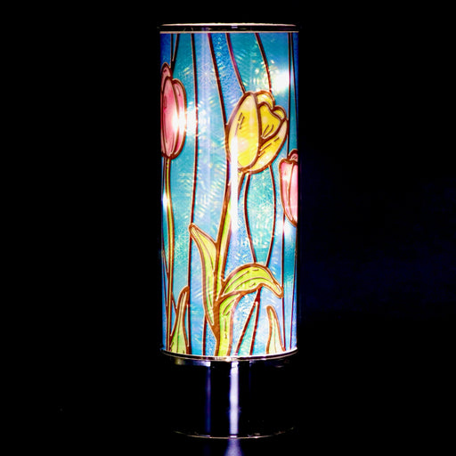 Signature HomeStyles Sparkle Glass Light & Insert Stained Glass Tulips Bundle- Sparkle Glass™ LED Cylinder with Stained Glass Tulip Insert