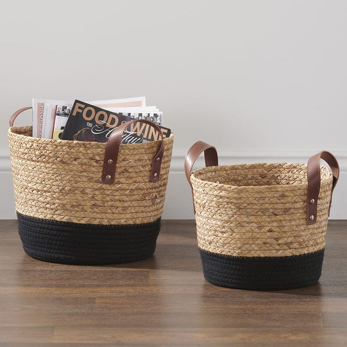 Signature HomeStyles Storage Baskets Natural Hyacinth and Black Cord Basket 2pc Set with Handles