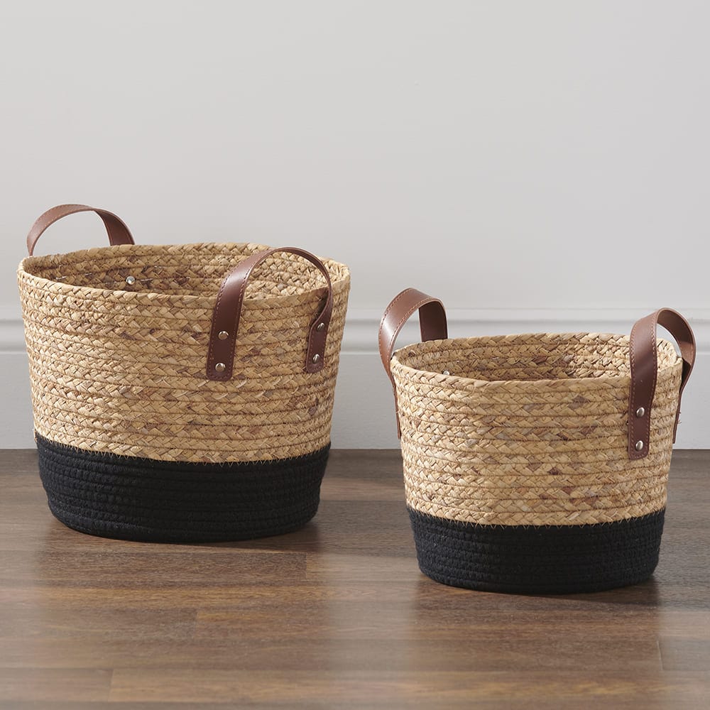 Natural Hyacinth and Black Cord 2-pc Basket Set with Handles ...